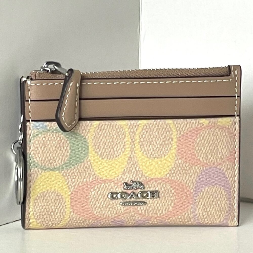 Coach Mini Skinny ID Case Rainbow Signature Canvas Yellow Keyring Wallet